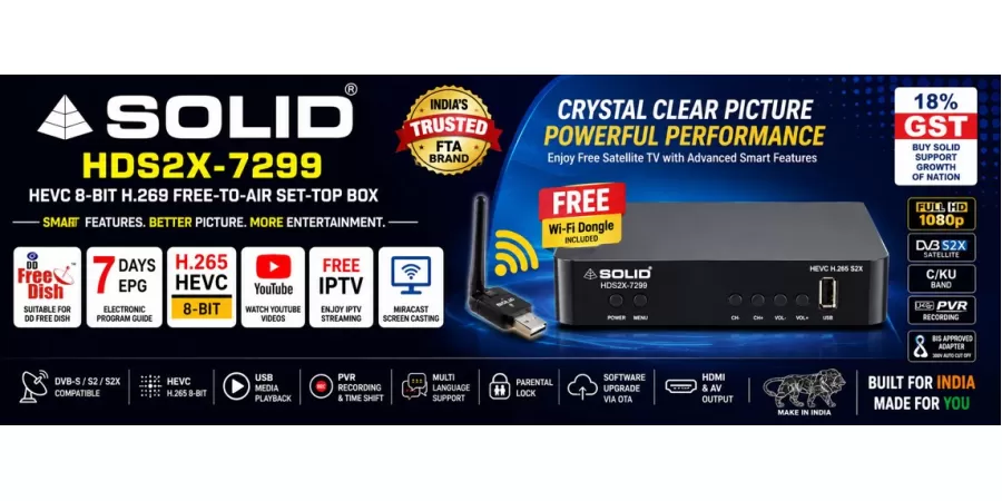 SOLID HDS2X-7299 HEVC 8-Bit H.265 Free-To-Air Set-Top Box with Free Wi-Fi Dongle